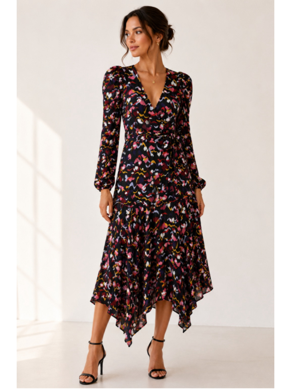 A.L.C. Silk Wrap Midi Dress 0 Navy Abstract Floral Puff Sleeve‎ Belted